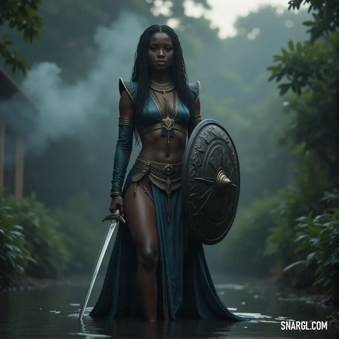 A strong warrior holding a sword and shield in a river, with lush trees framing the powerful moment. A warrior woman in a costume, holding a sword and shield while standing in a river. The scene is framed by trees on either side, and the clear water reflects the strength and determination in her stance.