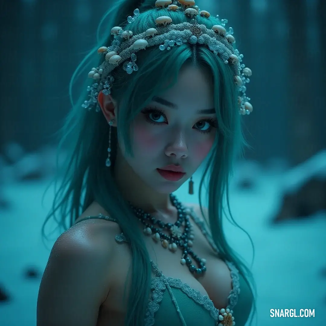 A captivating vision of beauty amidst winter's embrace, highlighted by a peaceful forest and delicate snow. A stunning figure with vibrant green hair and an elegant tiara stands gracefully in the snowy landscape, framed by a serene forest that enhances the dreamlike quality of the wintry scene.