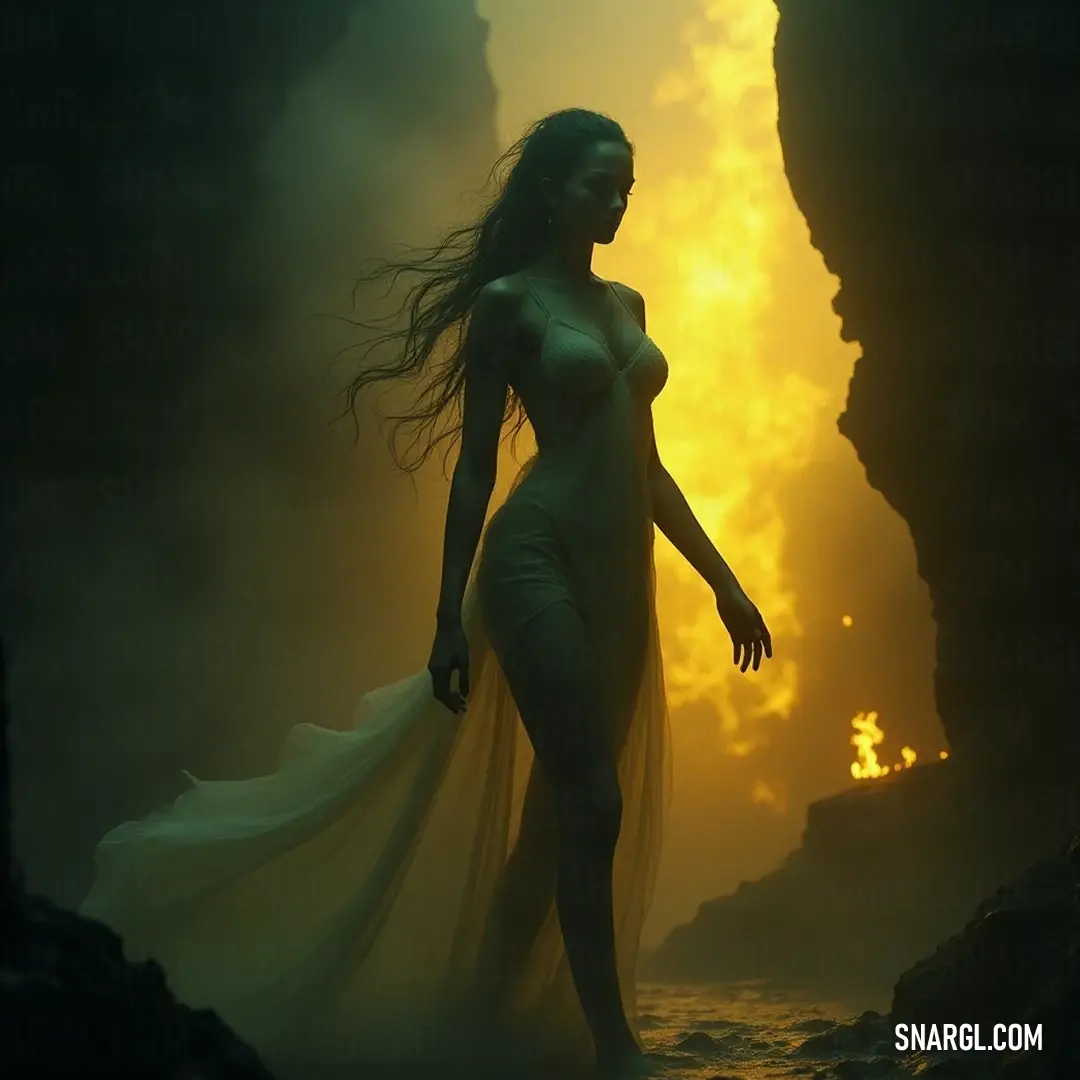 A wandering figure in a white dress explores a cave at sunset, surrounded by smoke and golden light, crafting a scene rich in mystery and allure. A striking figure in a white dress wanders through a cave at sunset, the warm colors of the setting sun blending with swirling smoke in the background, creating a dramatic contrast that enchants the scene.