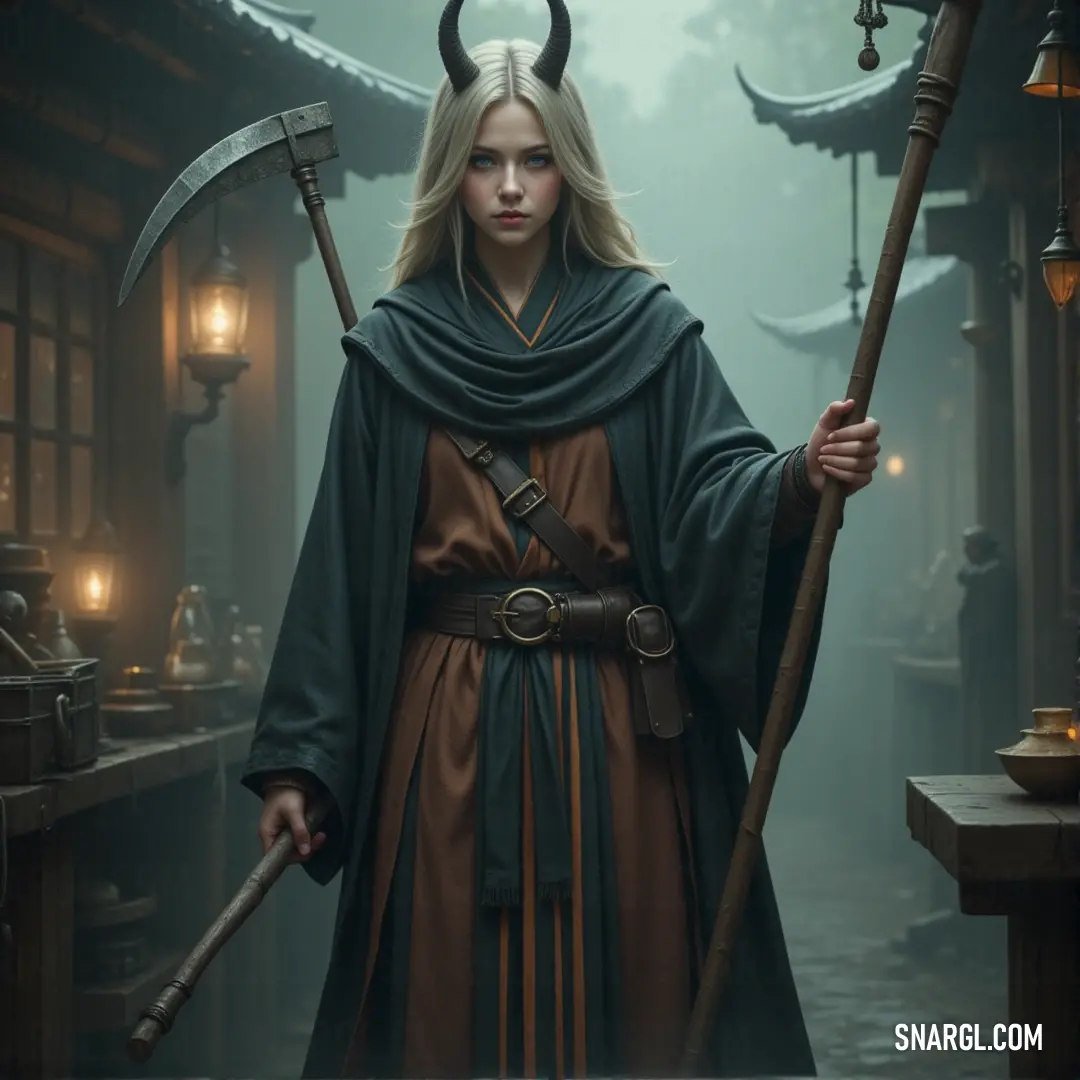 In a dark alleyway, Koka stands with his staff in hand, his horns and long coat blending into the shadows, as lanterns illuminate the eerie atmosphere around him. Koka, adorned with horns and a long coat, stands in a shadowy alleyway, a staff in his hand, surrounded by glowing lanterns that cast a mystical light upon his mysterious form.