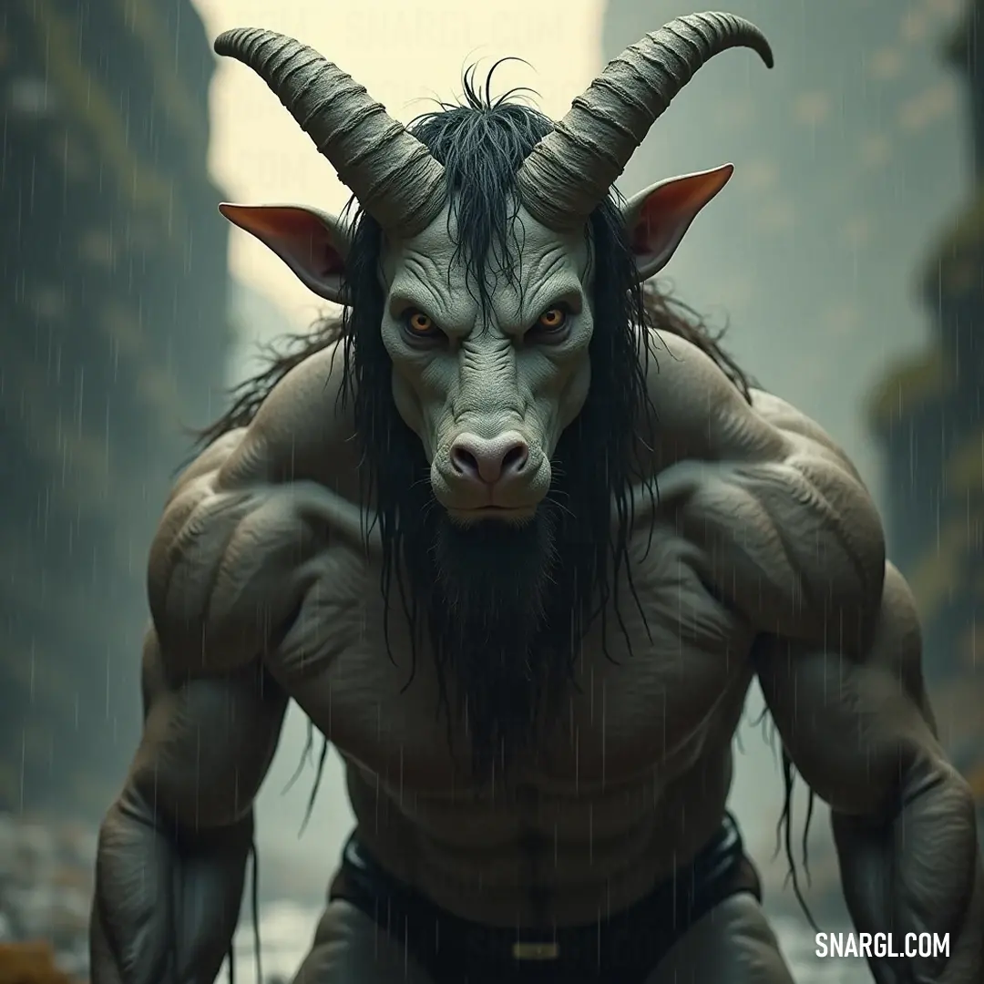 A vivid representation of Kolones in the rain, where vibrant droplets accentuate its goat-like features, embodying the essence of nature's resilience. In a rain-soaked landscape, Kolones with horns and a goat face stands resolutely, hands on hips, long hair flowing with the droplets that enhance its wild charm.
