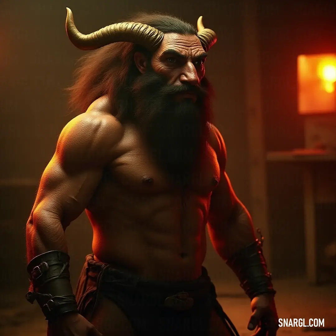 In a dimly lit room, Kolones with a horned head and a distinguished beard stands, illuminated by the light that softly paints the shadows around him.