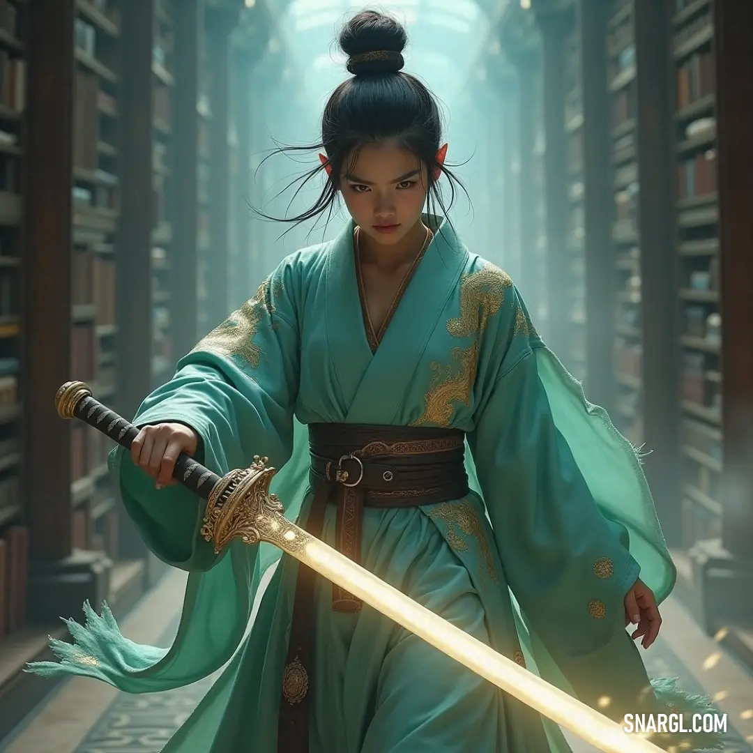 Komatsu, in a green dress, holding both a sword and a glowing lightsaber in a library, ready for an adventure amidst the vast knowledge of bookshelves. Komatsu, dressed in a green dress, stands confidently in a library, holding a sword in one hand and a glowing lightsaber in the other. The bookshelves and the blend of weapons hint at an adventure beyond the books.