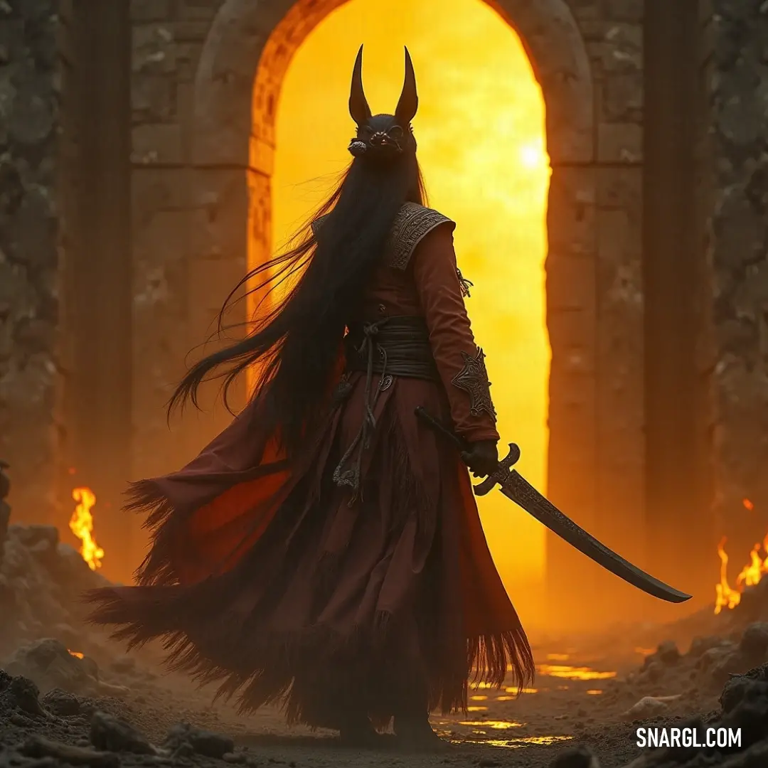 A striking image of Konohana in her unique horned attire, wielding a sword as she stands before a blazing doorway, showcasing her fierce spirit and readiness to confront the challenges that lie ahead. Dramatically poised, Konohana stands with a sword in her hand, her horned costume set against a fiery doorway. The flickering flames and intense colors create a powerful image of strength and determination.