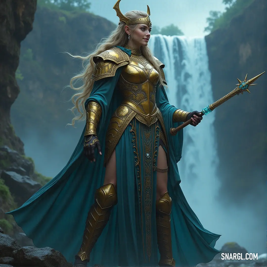 Kora, a fierce warrior in an elaborate costume, stands in front of a powerful waterfall, wielding a sword in her hand, preparing for battle. A fierce warrior named Kora stands confidently before a cascading waterfall, dressed in an intricate costume. In one hand, she grips a gleaming sword, ready to face any challenge that comes her way, with the roaring water in the background adding intensit