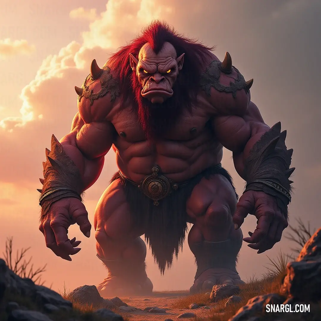 A formidable Korath, crowned with formidable horns, stands on a hill at sunset, its silhouette framed by the vibrant hues of the sky, creating a breathtaking spectacle of nature and power.