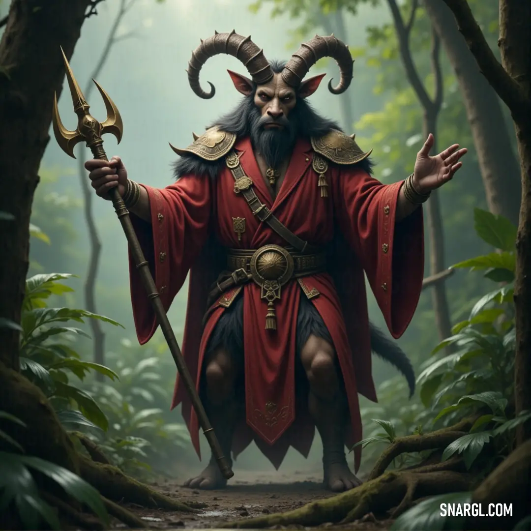 Korax, with his horned head and staff, stands in the heart of a lush, enchanted forest. Korax, with horns atop his head, holds a staff and stands in a serene forest, flanked by lush trees and plants. The forest feels alive with magic and mystery.