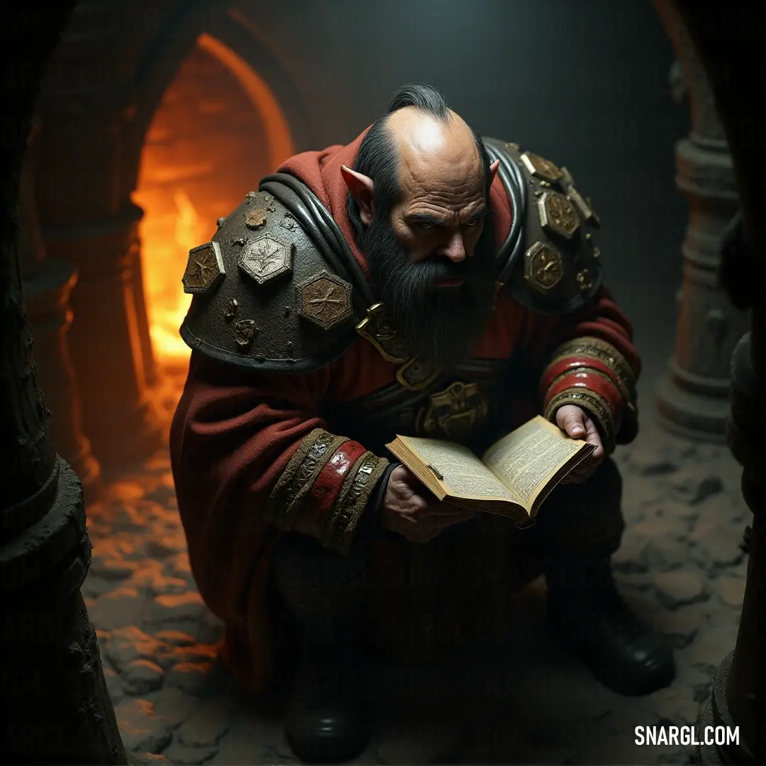 In front of a crackling fireplace, Korgan Bloodaxe in his vivid red attire immerses himself in an ancient tome, surrounded by warmth and the whisper of history, ready to uncover tales of legendary heroes and epic adventures. Korgan Bloodaxe, donned in a striking red outfit, is engrossed in the pages of a book by the cozy fireplace, surrounded by warmth and rich historical surroundings that reveal a tale of adventure and valor in a tranquil setting.