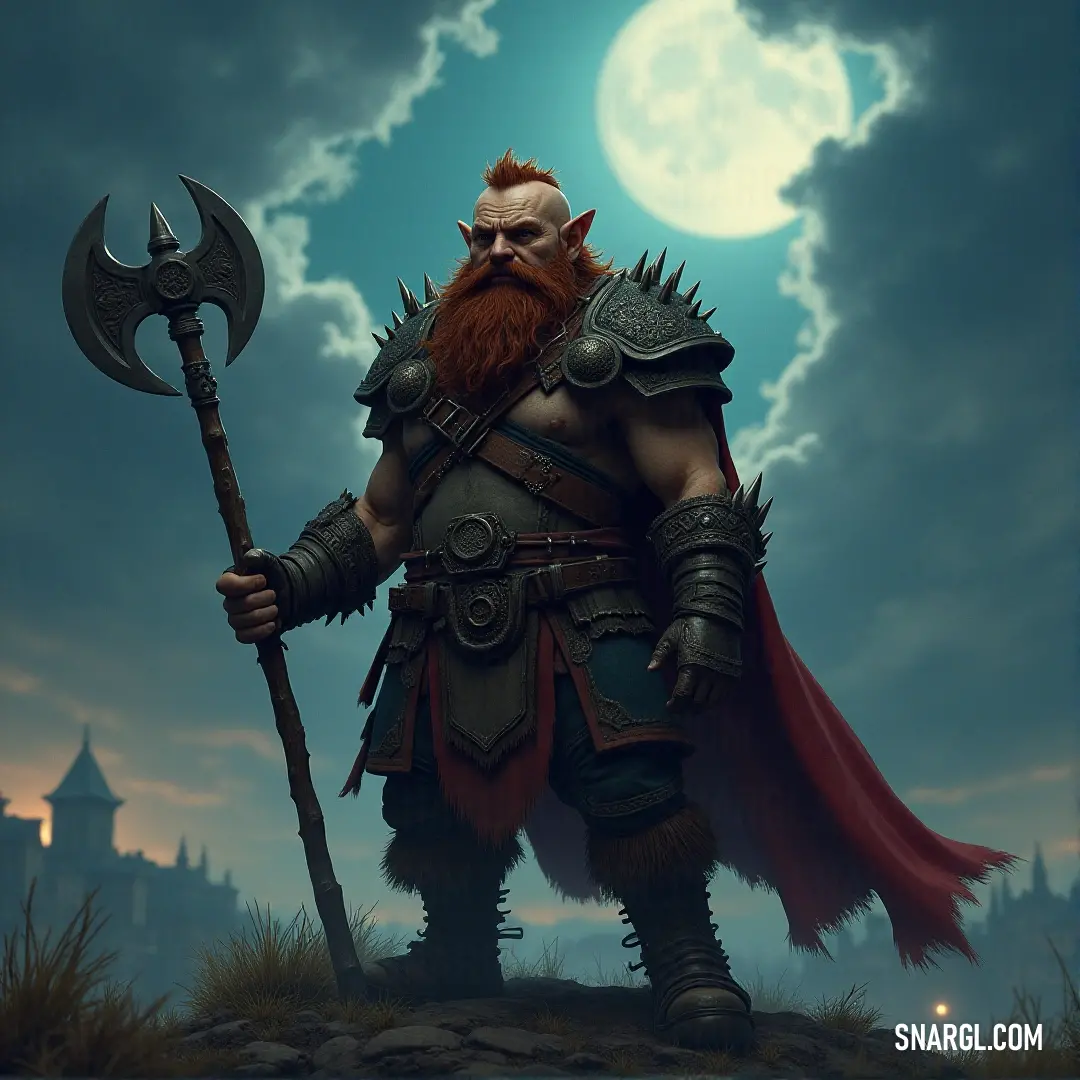 A muscular warrior named Korgan Bloodaxe stands tall with a wild, thick beard, wearing a vibrant red cape. He grips a massive axe in one hand and a mysterious sceptula in the other, his intense gaze set on the horizon.