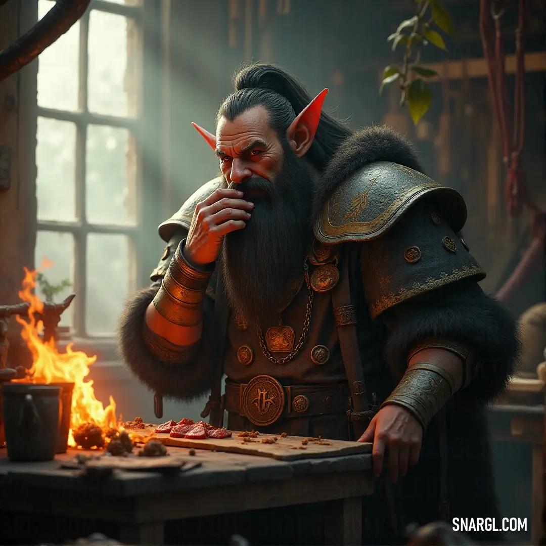 Korgan Bloodaxe, with his thick, wild beard, stands near a crackling fire with a pot of food. The fire's glow casts shadows on his face, hinting at a moment of quiet before a new journey begins. Korgan Bloodaxe stands with a rugged, weathered look, his beard full and fierce, gazing at a fire burning in a table's center. The warmth from the flames contrasts with the stoic expression on his face as a pot of food simmers beside him.