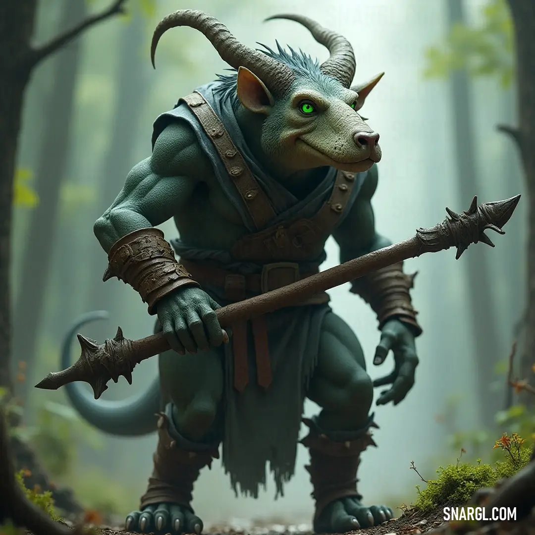 Korik: The Nature's Guardian in a Verdant Forest In the depths of a lush forest, Korik, with striking horns and a unique physique, holds a sturdy stick, embodying the essence of nature's savage beauty as vibrant trees and grasses frame his dominant presence amidst the wilderness.