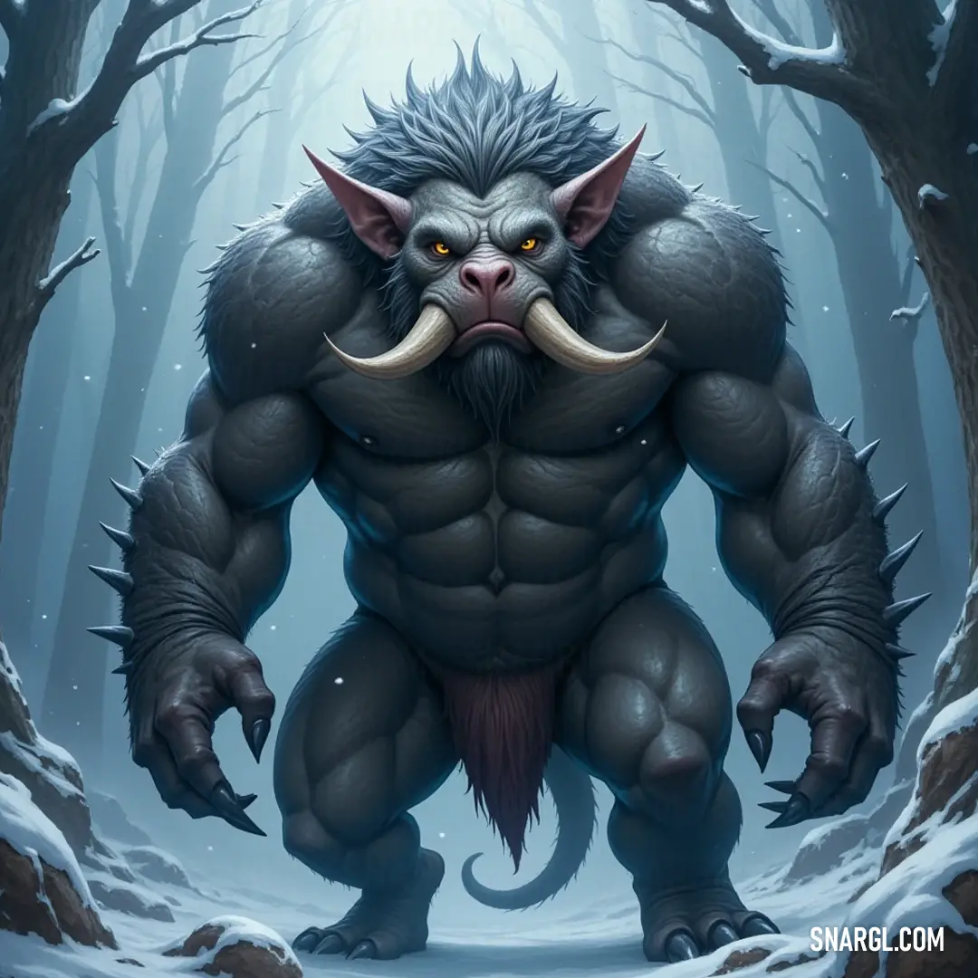 Korik: The Unyielding Presence in a Snowy Woodland Korik, with his long, pronounced nose, navigates through a snowy woodland where the ground glistens under a blanket of snow, showcasing the contrast between his rugged physique and the delicate beauty of winter's embrace.