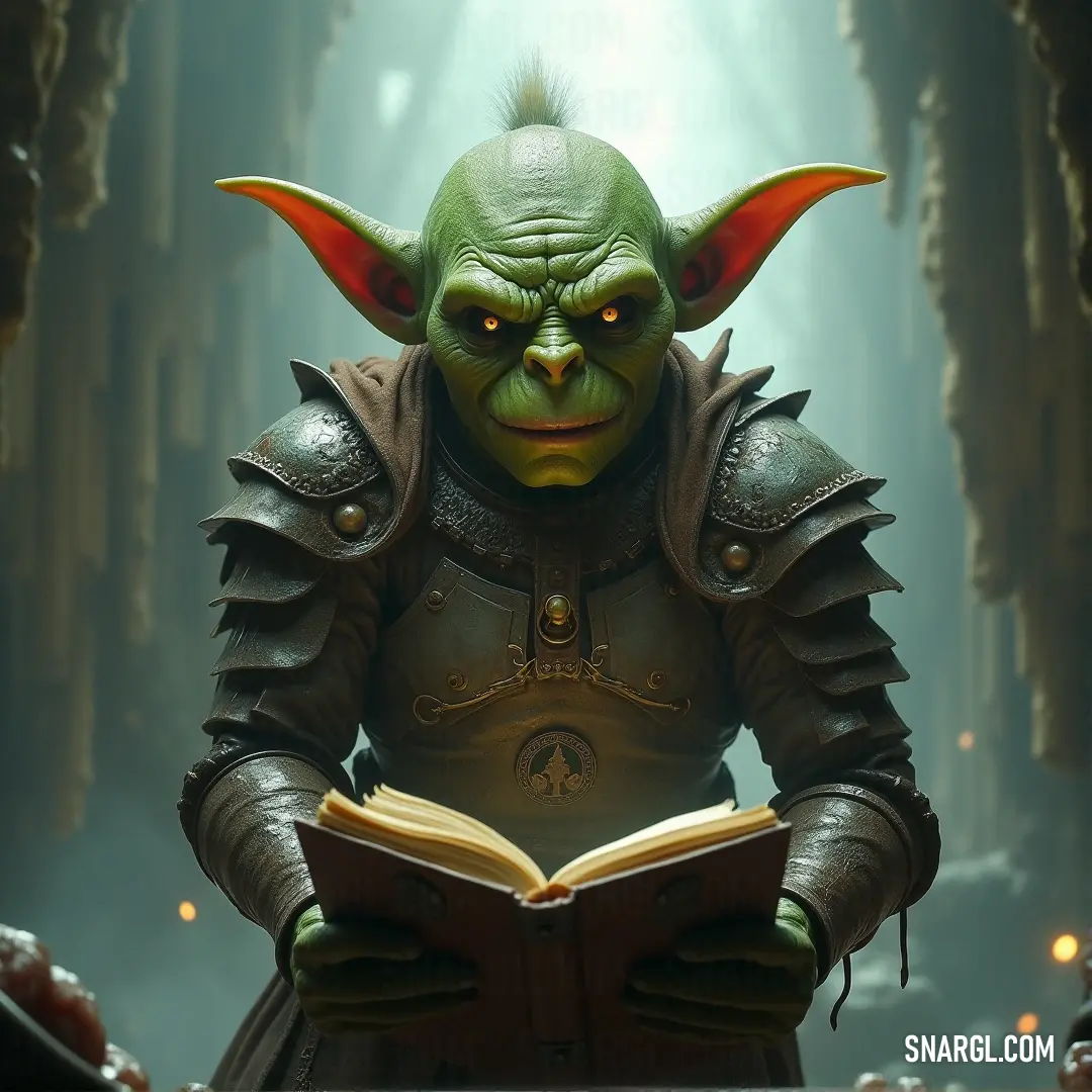The green Korl, holding a sacred book, is bathed in a divine light, as though the very pages contain wisdom beyond time. A wise green Korl holds a glowing book, bathed in a radiant light that seems to reveal ancient secrets. The light emanates from behind, casting a mystical glow, while the Korl’s focused expression hints at the knowledge contained within.