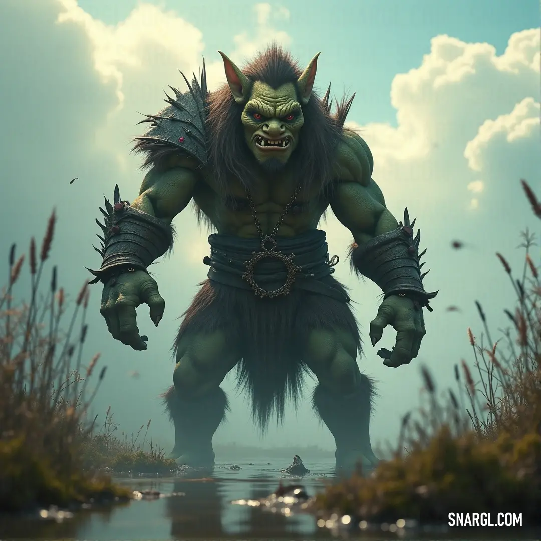 A massive creature with horns looms over the grassy field, with dark clouds swirling overhead, creating a dramatic atmosphere. A towering, powerful creature with large horns stands proudly in a field, surrounded by tall grass and scattered bushes. The stormy clouds above add drama to the already imposing figure of the creature, enhancing its mystique.