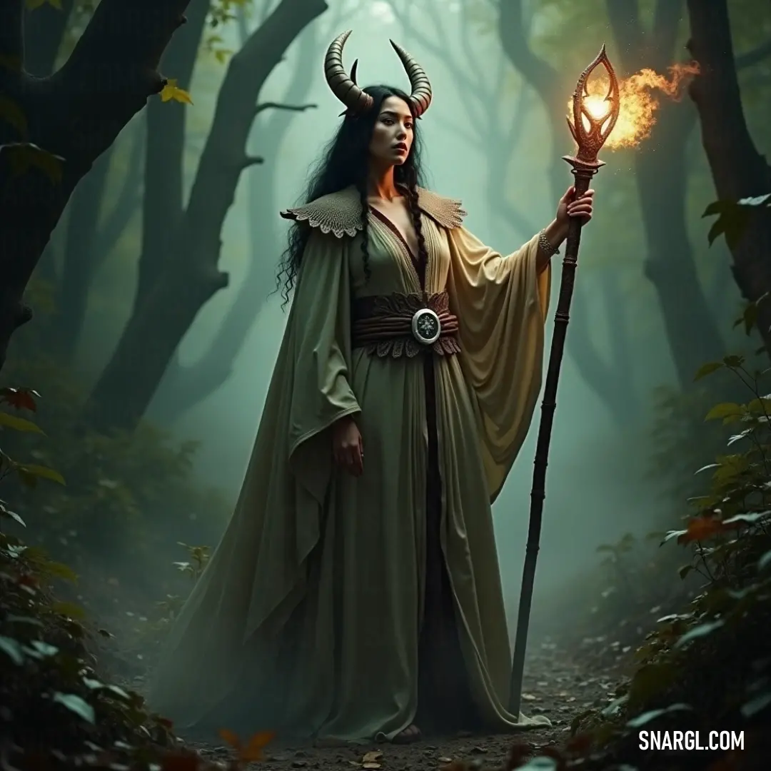 A mystical figure in a horned costume, holding a glowing torch, surrounded by an enchanting forest. A striking figure, dressed in a horned costume, holds a glowing torch, standing amidst a dense forest. The trees around her form an enchanting backdrop, with leaves swirling in the wind and an aura of mysticism filling the air.