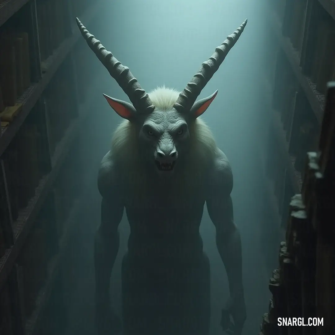 A striking Korymbos with impressive horns and a head resembling its own, resting majestically in a library with bookshelves, bathed in a warm glow of light. A majestic Korymbos with impressive horns and a head resembling its own kind sits serenely in a library, surrounded by towering bookshelves, as a warm beam of light illuminates its unique features.