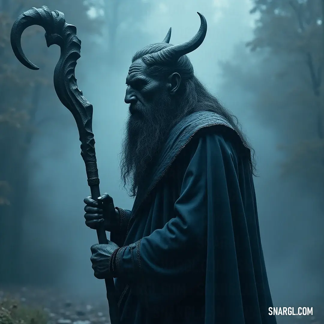 A horned figure commanding respect in a fog-wrapped forest, evoking an aura of mysticism and ancient wisdom. A figure adorned in an intricate horned costume wields a staff in a dense forest shrouded in fog, where ancient trees loom, and the atmosphere hums with the secrets of nature.