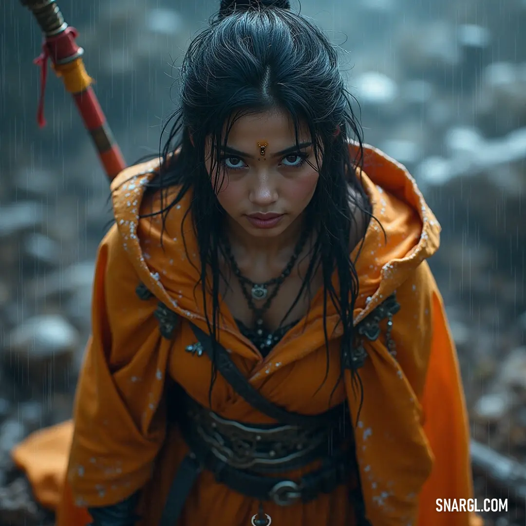 In her striking yellow attire, Koyasu elegantly holds a sword in one hand while shielded by a bold red umbrella, embodying the spirit of bravery and determination in an exhilarating downpour of rain. Koyasu, dressed in a vivid yellow outfit, stands poised in the pouring rain, clutching a sword in one hand while sheltering under a bright red umbrella, embodying resilience and strength amidst the tempest that surrounds her.