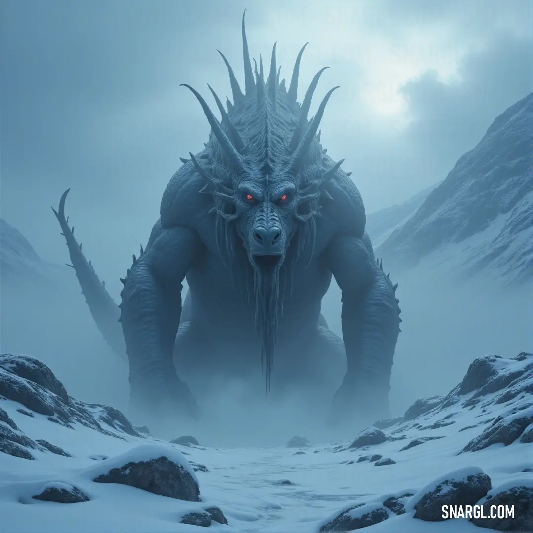 A towering Kraken with fiery red eyes standing in a snowy landscape, mountains looming in the distance. A giant Kraken with glowing red eyes, rising from the snowy landscape. The snow-covered mountains provide a cold and harsh backdrop, intensifying the creature's ominous presence.