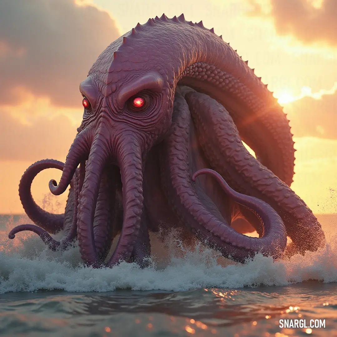 As the sun sets, the towering kraken emerges from the waves, its glowing red eyes radiating power as it dominates the breathtaking seascape. A giant kraken stands majestically in ocean waves at sunset, its glowing red eyes fierce against the backdrop of a vivid horizon, surrounded by cascading waves that reflect the fiery colors of the sky.