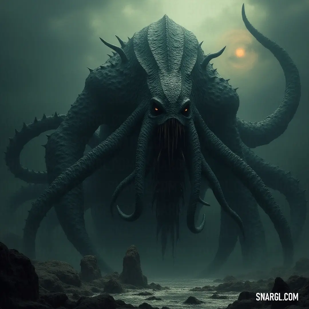 A formidable Kraken dominates the ocean scene, its creepy visage and mighty tentacles evoke a sense of awe and fear, as it stands poised in the water, ready to unleash its fury. A colossal Kraken rises menacingly from the depths, its eerie eyes glistening with mystery and its massive tentacles thrashing in the dark waters, creating ripples that hint at the ancient power it wields beneath the surface.