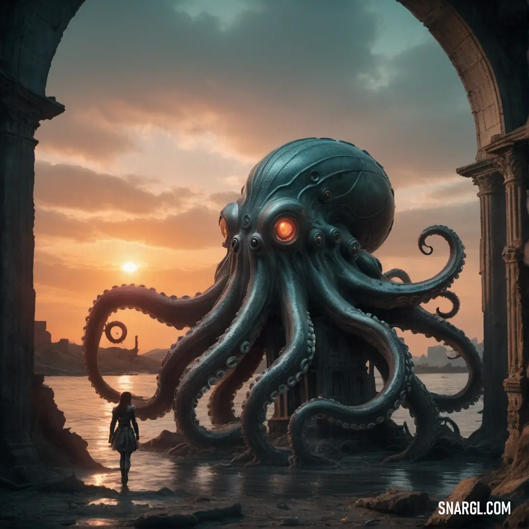 Giant octopus is standing in a doorway with a Kraken standing next to it and the sun is setting