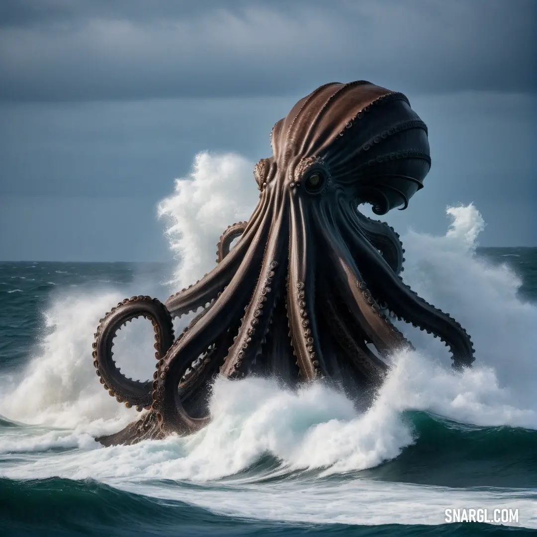 Giant octopus is in the middle of a wave in the ocean with a sky background