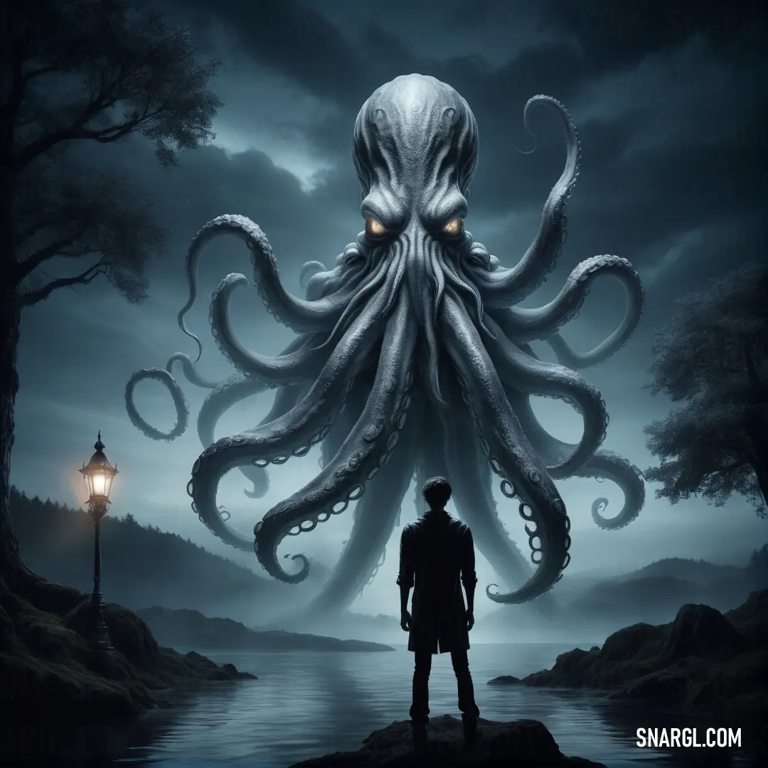 Kraken standing in front of an octopus in a dark forest with a lantern on its head and a light on his face