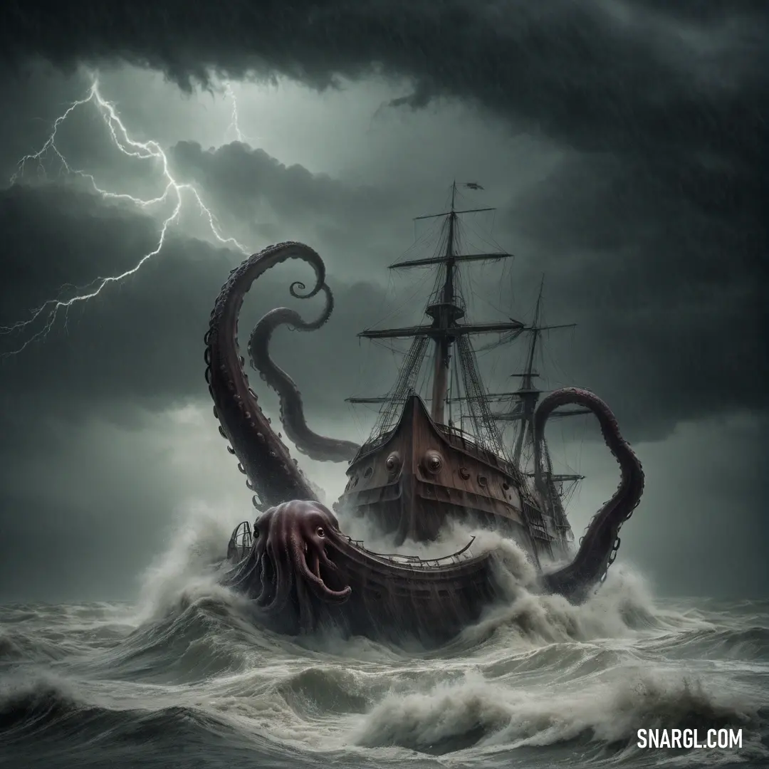 Octopus attacking a ship in a stormy sea with lightning in the background