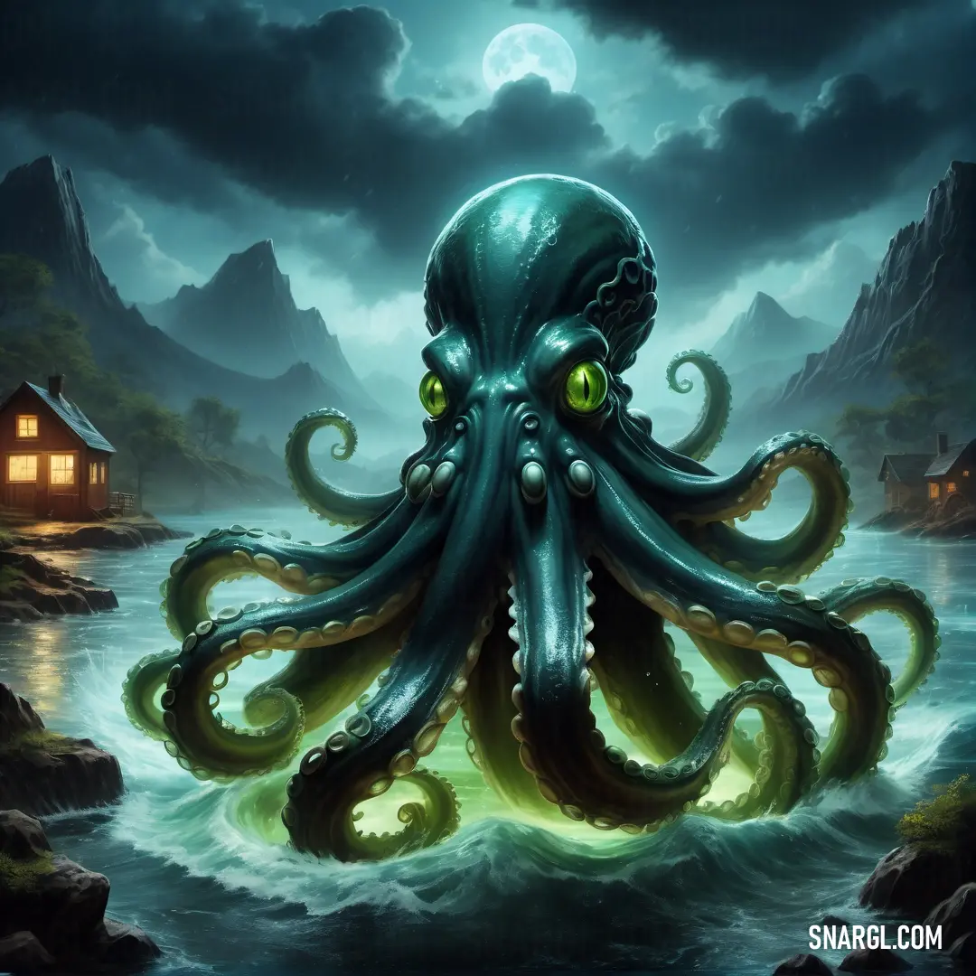 Octopus is floating in the water near a house and a mountain range at night with a full moon