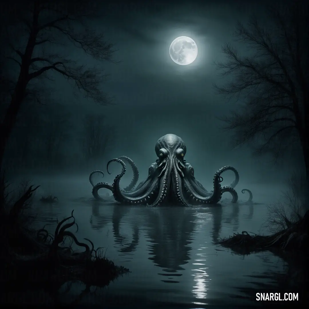 Octopus is in the water at night with a full moon in the background and trees in the foreground