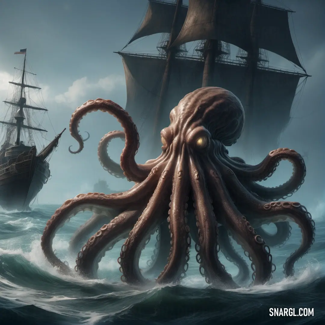 Octopus is in the water near a ship in the ocean