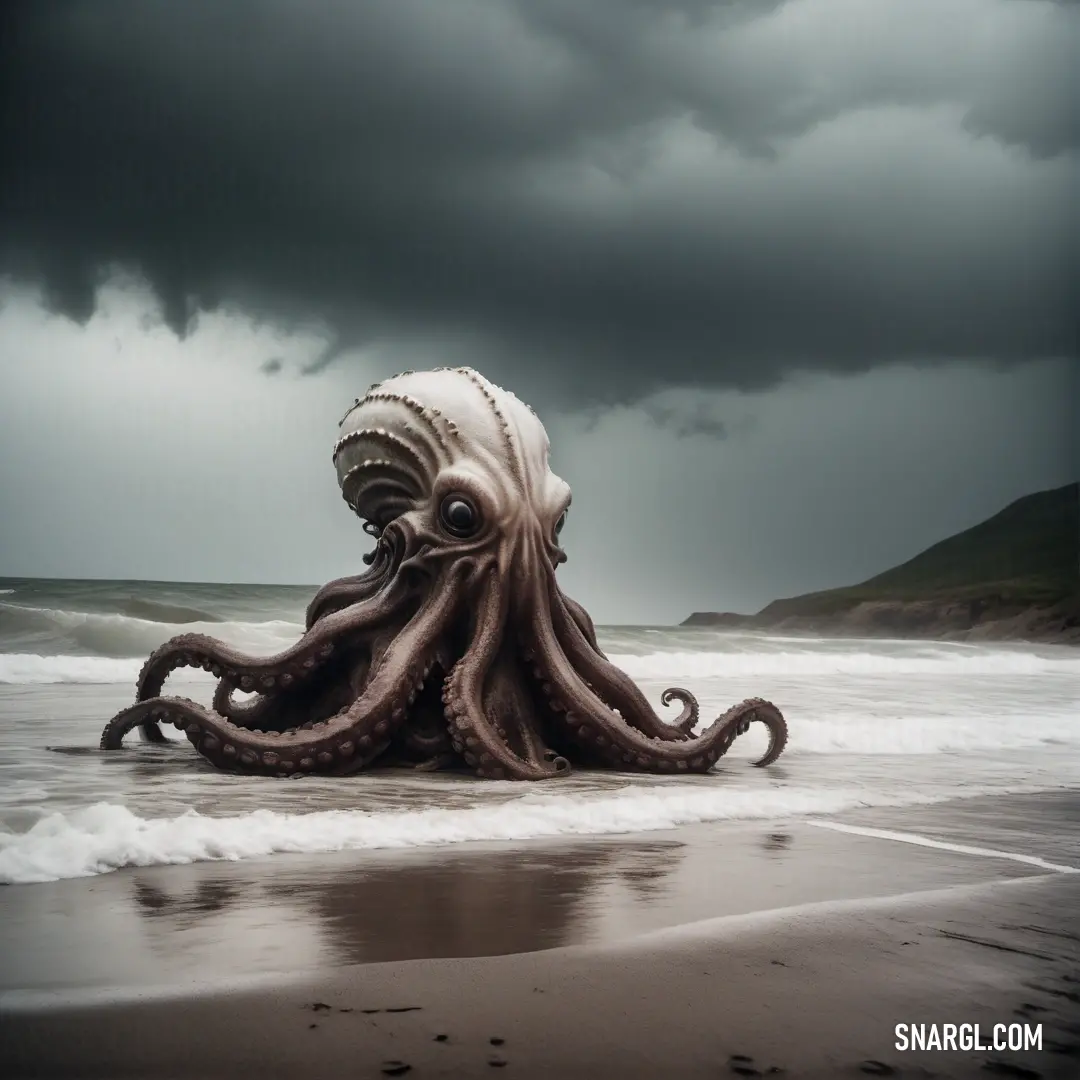 Octopus is on the beach in the water with a cloudy sky above it and a black and white photo of an octopus