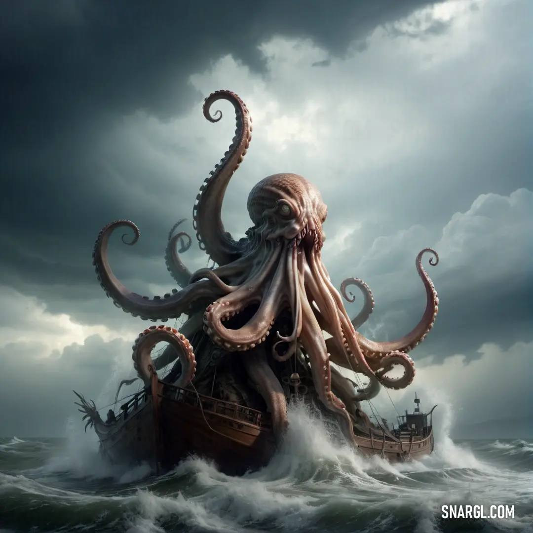 Octopus is riding on a boat in the ocean with a ship in the background