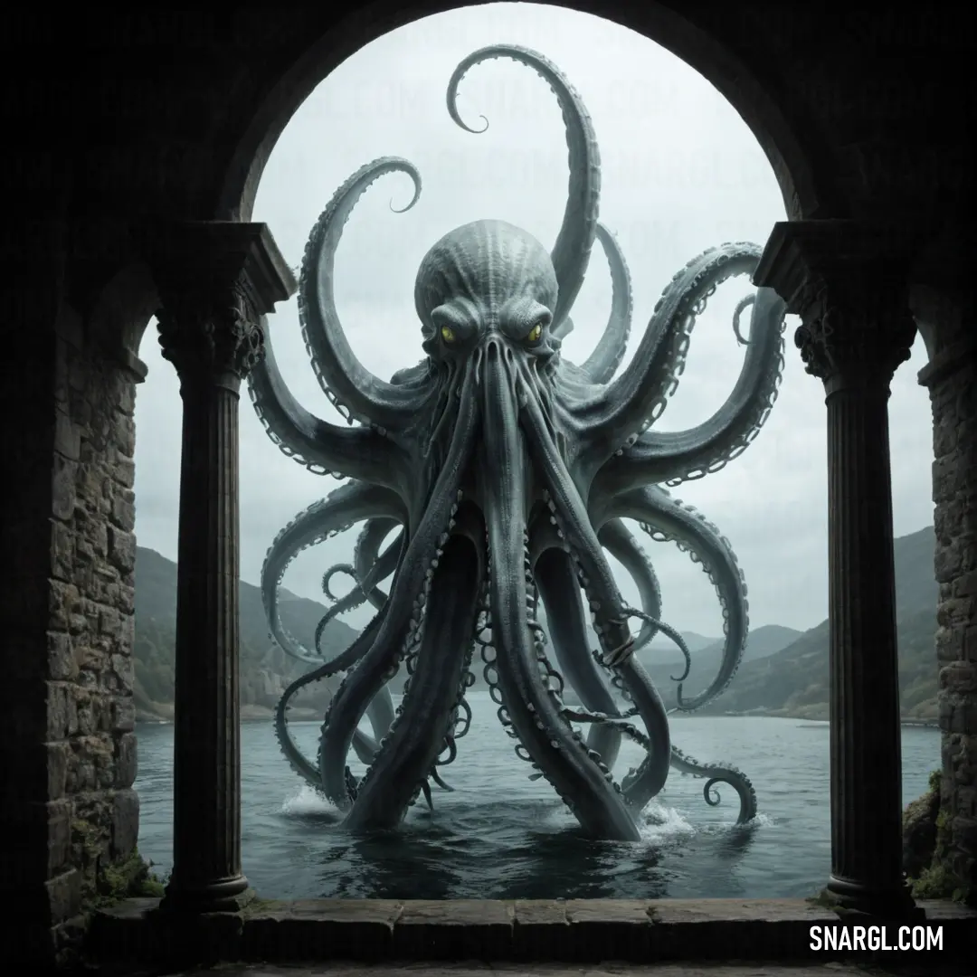 Octopus is standing in the water near a stone archway with a large octopus head on it's head