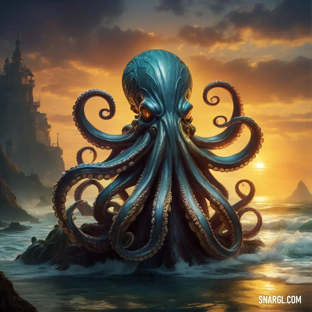 Octopus is standing in the water near a castle at sunset with a ship in the background