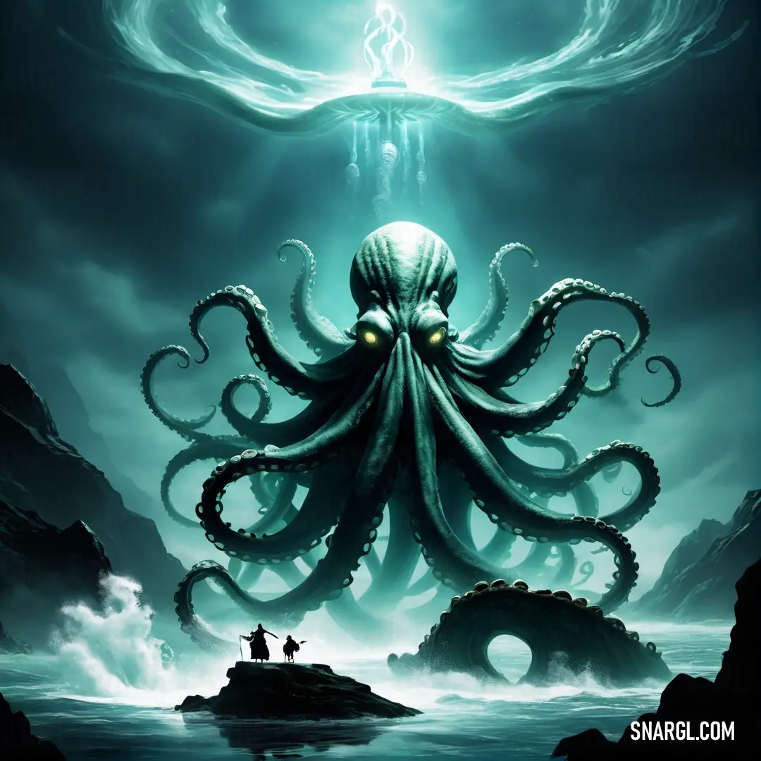 Octopus is standing in the water with a male Kraken standing on a rock in front of it