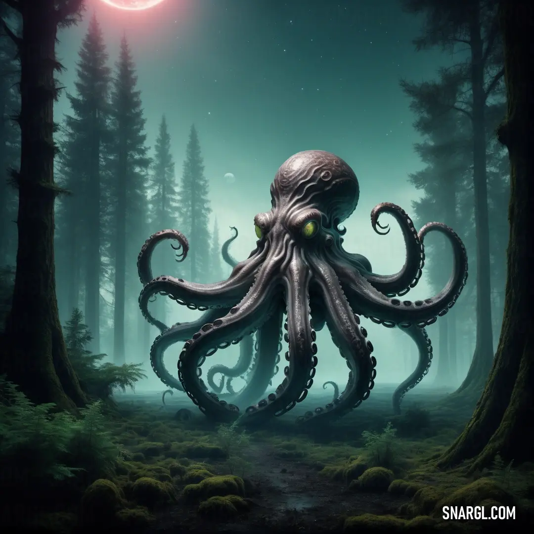 Octopus is standing in the middle of a forest at night with a full moon in the background and a trail leading to it