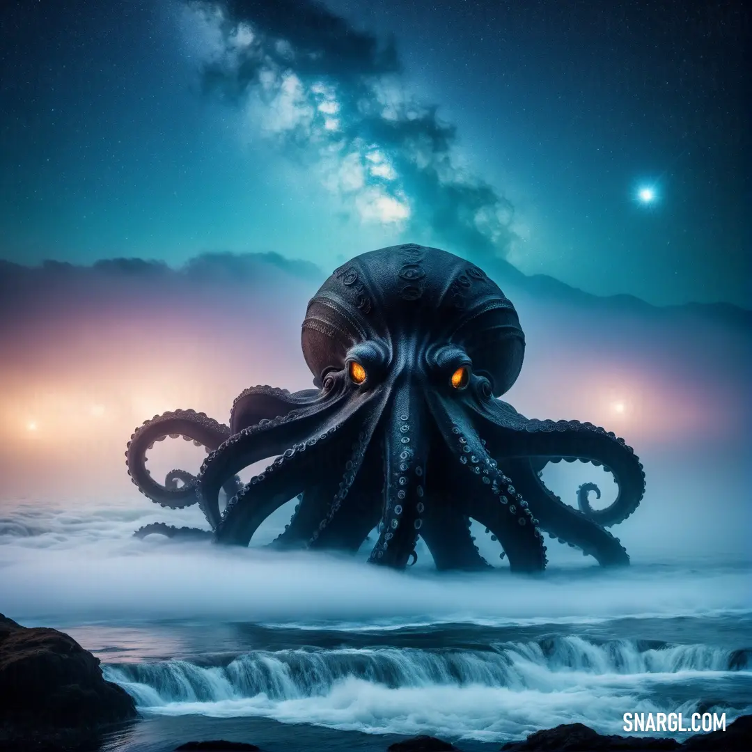 Octopus with glowing eyes is in the ocean at night with a full moon in the sky above it
