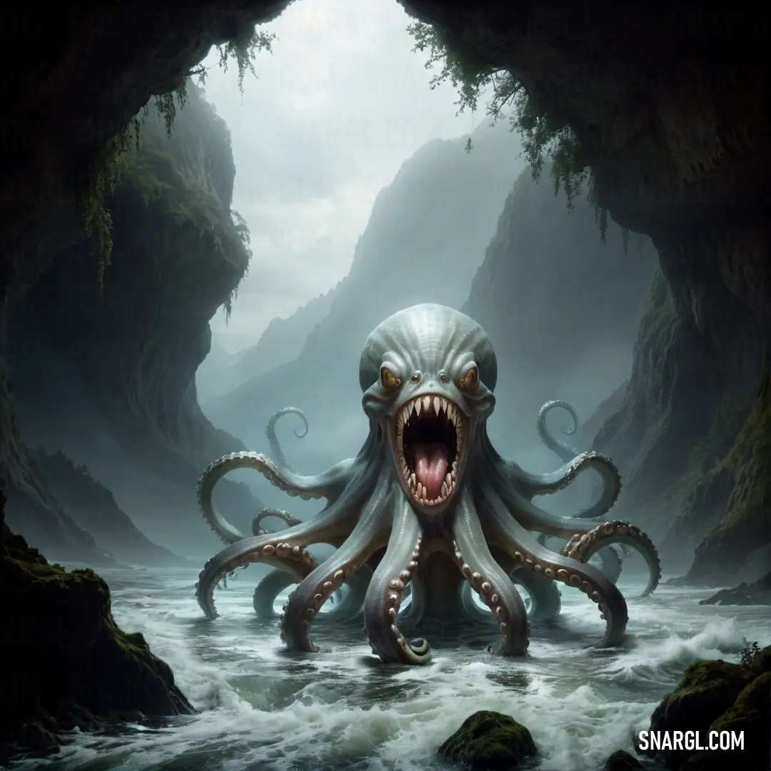 Octopus with its mouth open in a cave with water and rocks in the background