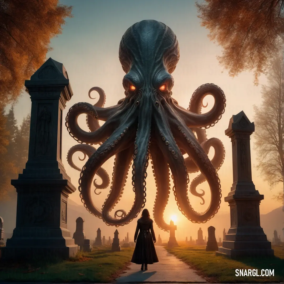 Kraken standing in front of an octopus statue at sunset with the sun behind her and a giant octopus head