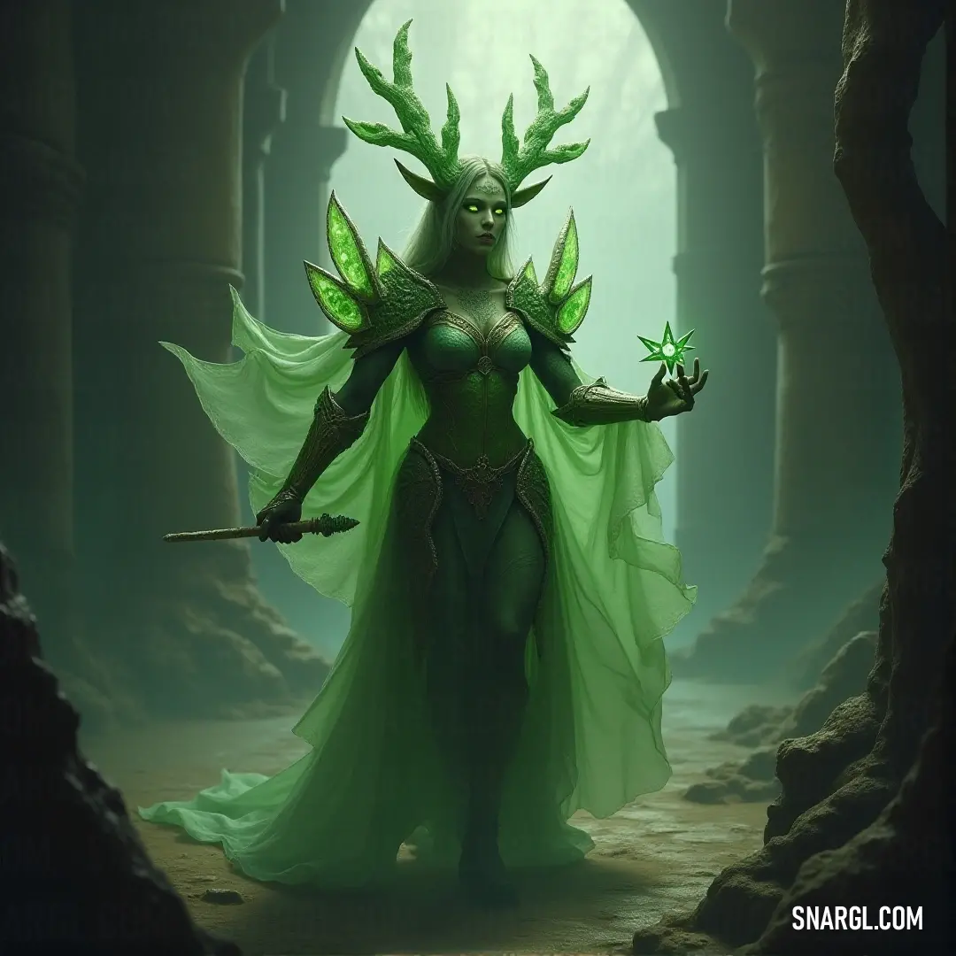 Kraneia with horns and a staff in a dark forest with a beam of light shining through. Kraneia, dressed in green with horns atop her head, holds a staff in a dark, fog-filled forest. A beam of light breaks through the trees, casting a mystical glow on her and the surrounding landscape.