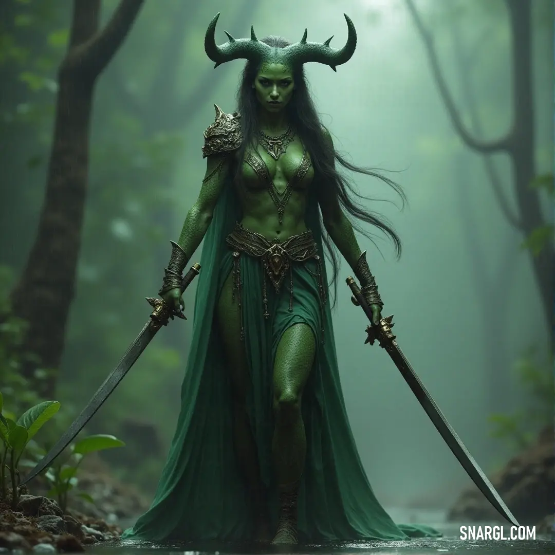 Kraneia with horns and swords in a foggy forest, the mist swirling around her. Kraneia, with powerful horns and a striking green dress, stands in a foggy forest, holding two swords. The mist rolls around her, adding a mysterious aura to her warrior-like stance.