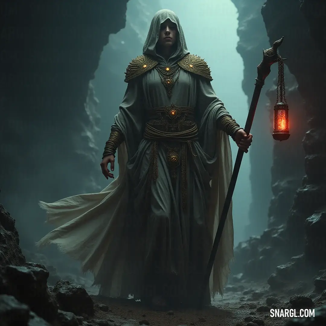 A magical encounter in a cave, where a hooded figure shines a lantern, revealing the enchanting beauty of shadows and stone. In the dimly lit cave, a mysterious figure in a flowing hooded robe holds up a lantern, casting an ethereal glow that dances upon the rugged walls, illuminating hidden wonders of the underground.