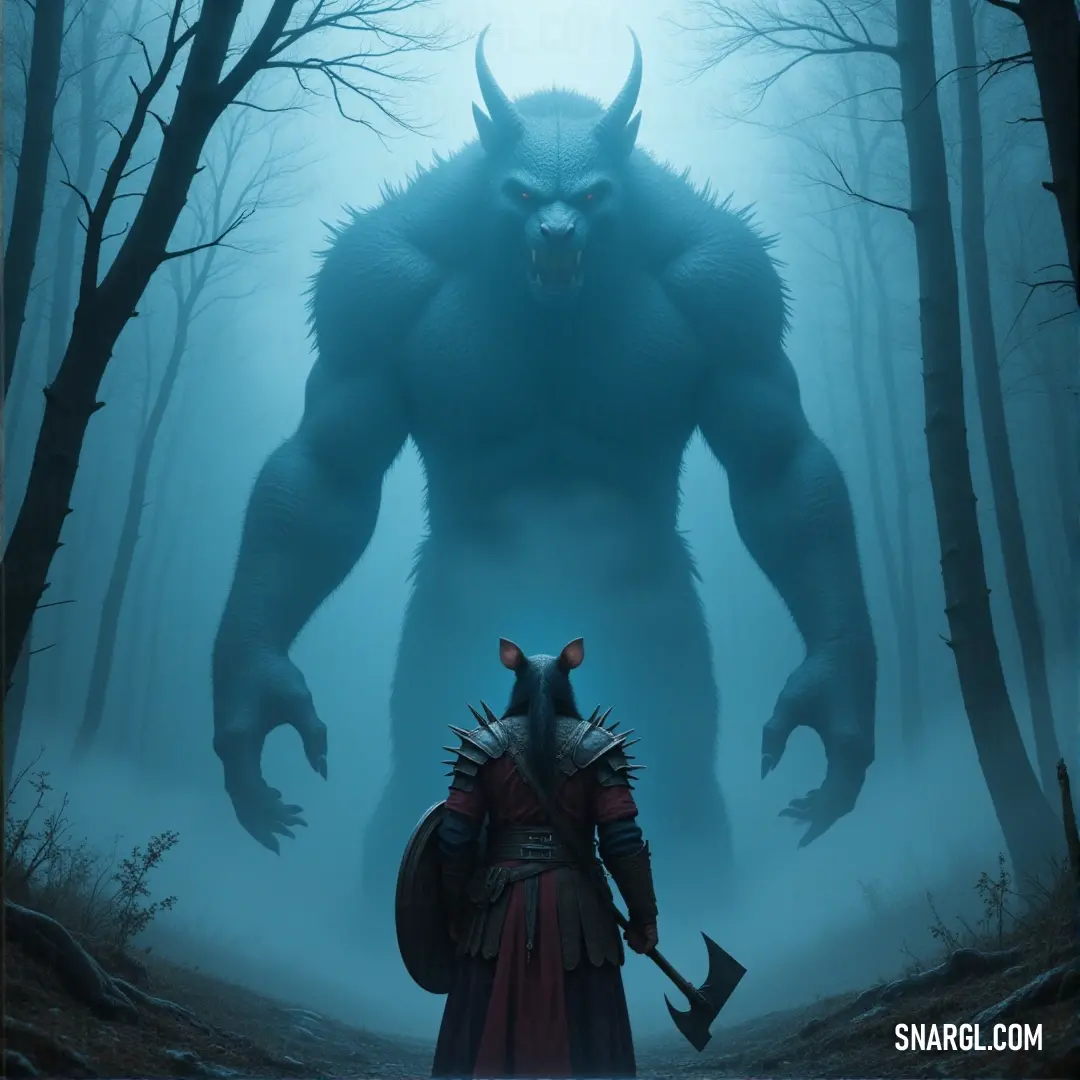 Krik in a costume, standing in a dark forest with a demon on his back, evoking an aura of dark mysticism Krik, in a detailed costume, stands in a dark forest with a demon perched on his back. The eerie atmosphere is charged with tension as the demon’s presence amplifies the mystical energy of the scene.