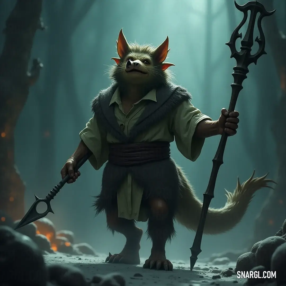 A brave Krixus wields a large axe while standing in a vibrant forest, a mysterious demon-like creature riding on its back. This captivating scene showcases their bond as they navigate the enchanting woods, full of magical elements and unknown dangers.