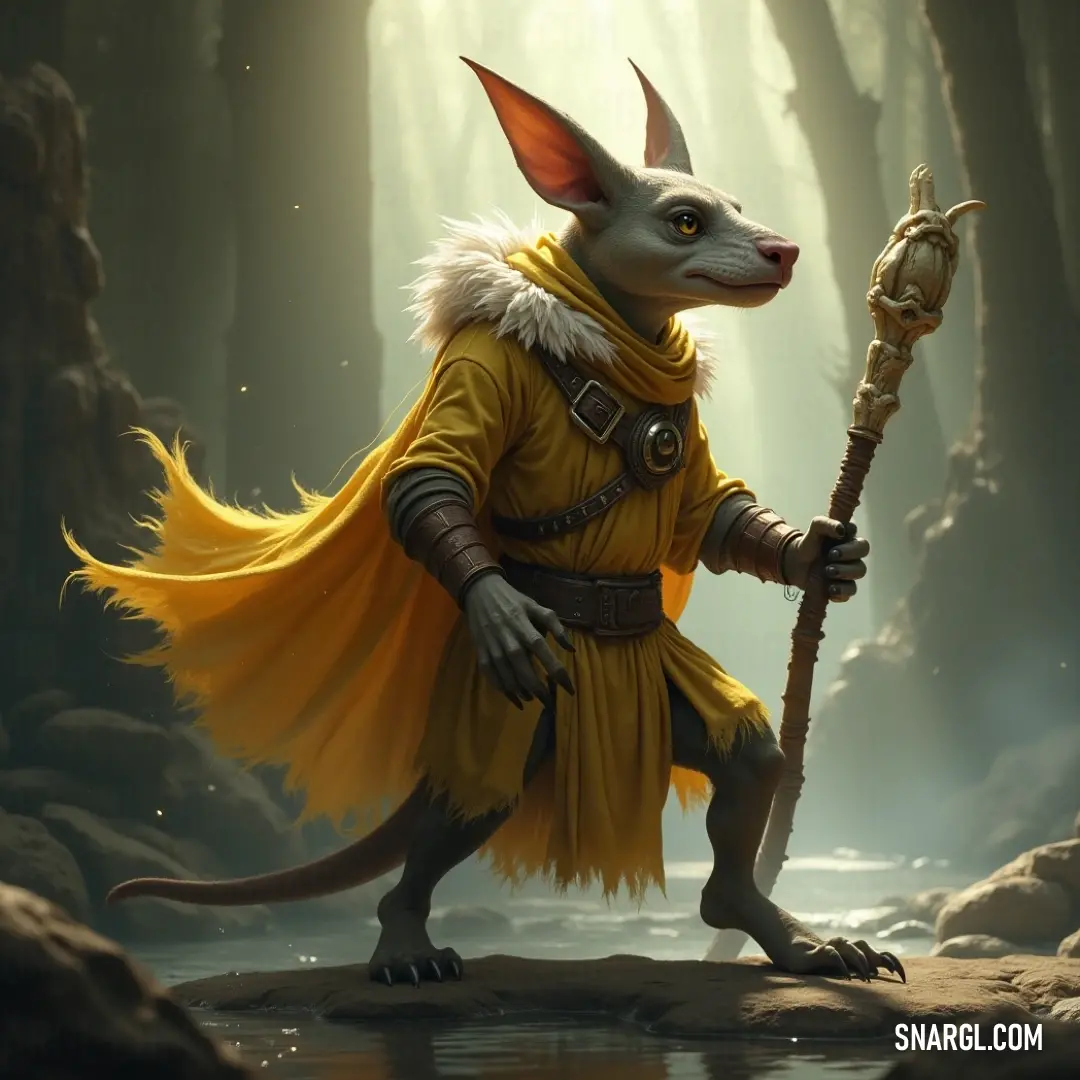 Krixus, with his staff in hand, stands in the heart of a dense forest, the trees around him towering as shadows and light play across the landscape, enhancing his powerful presence.