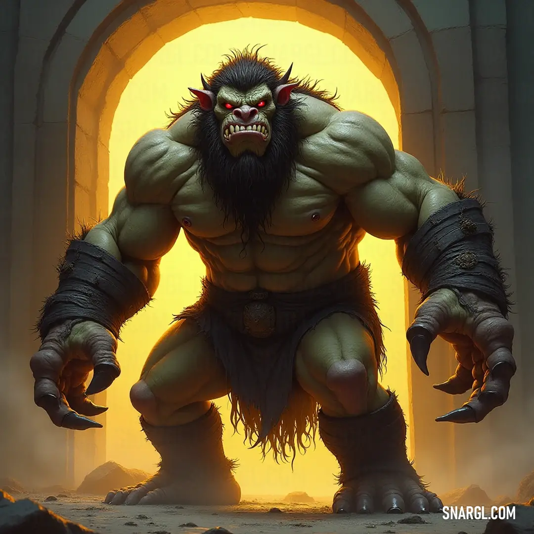 This powerful image showcases a giant Krug with a rugged beard and formidable claws, standing watchfully at an illuminated doorway, radiating strength and authority. A giant Krug with a fierce beard and massive claws stands protectively at a doorway, its imposing figure shadowed by the glowing light behind it, creating a striking contrast.