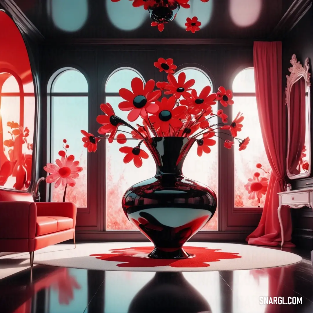 Vase with red flowers in it on a table in front of a window with red curtains. Example of CMYK 0,100,94,9 color.