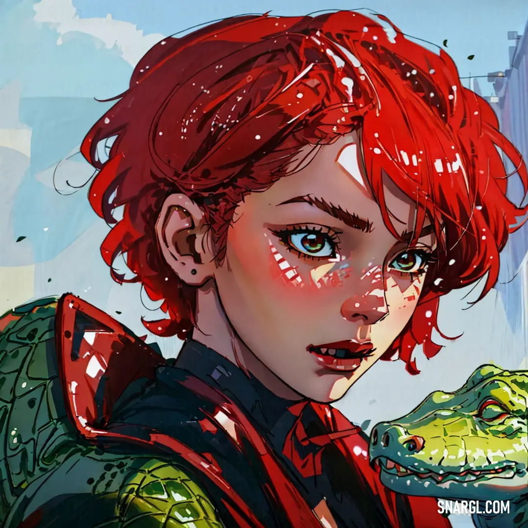 Woman with red hair and a green alligator in her hand. Example of CMYK 0,100,94,9 color.